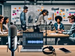 Junge, diverse Gruppe im stylischen Podcast-Studio plant konzentriert Aufnahmen und Workflow-Automation an Laptops mit Voiceflow-Diagramm auf großem Bildschirm.
