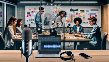 Junge, diverse Gruppe im stylischen Podcast-Studio plant konzentriert Aufnahmen und Workflow-Automation an Laptops mit Voiceflow-Diagramm auf großem Bildschirm.