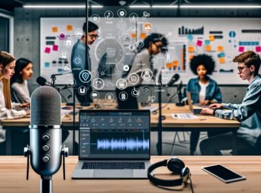 Junge, diverse Gruppe im stylischen Podcast-Studio plant konzentriert Aufnahmen und Workflow-Automation an Laptops mit Voiceflow-Diagramm auf großem Bildschirm.