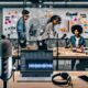 Junge, diverse Gruppe im stylischen Podcast-Studio plant konzentriert Aufnahmen und Workflow-Automation an Laptops mit Voiceflow-Diagramm auf großem Bildschirm.