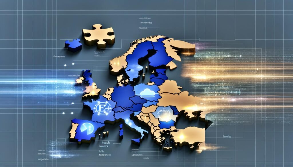 Konzeptuelle Illustration: Europa als Puzzle, einige digitale Teile leuchten mit Cloud- und Schaltkreis-Symbolen, andere fehlen. Mächtige Silhouetten US- und asiatischer Tech-Konzerne drängen von den Seiten hinein, unterlegt von Datenströmen zwischen Branchen wie Gesundheit, Finanzen und Mobilität.