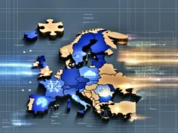 Konzeptuelle Illustration: Europa als Puzzle, einige digitale Teile leuchten mit Cloud- und Schaltkreis-Symbolen, andere fehlen. Mächtige Silhouetten US- und asiatischer Tech-Konzerne drängen von den Seiten hinein, unterlegt von Datenströmen zwischen Branchen wie Gesundheit, Finanzen und Mobilität.