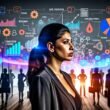 Marketer betrachtet entschlossen ein großes Daten-Dashboard mit farbigen Diagrammen und Heatmaps im modernen Büro, während im Hintergrund abstrahierte Teammitglieder zu sehen sind; umgeben von digitalen Icons und DSGVO-Infografiken.