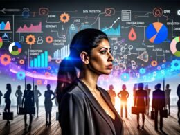 Marketer betrachtet entschlossen ein großes Daten-Dashboard mit farbigen Diagrammen und Heatmaps im modernen Büro, während im Hintergrund abstrahierte Teammitglieder zu sehen sind; umgeben von digitalen Icons und DSGVO-Infografiken.