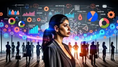 Marketer betrachtet entschlossen ein großes Daten-Dashboard mit farbigen Diagrammen und Heatmaps im modernen Büro, während im Hintergrund abstrahierte Teammitglieder zu sehen sind; umgeben von digitalen Icons und DSGVO-Infografiken.