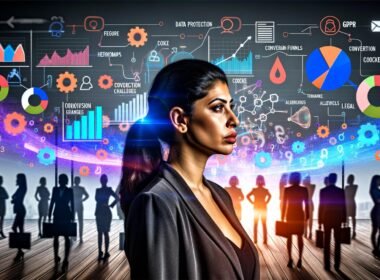 Marketer betrachtet entschlossen ein großes Daten-Dashboard mit farbigen Diagrammen und Heatmaps im modernen Büro, während im Hintergrund abstrahierte Teammitglieder zu sehen sind; umgeben von digitalen Icons und DSGVO-Infografiken.