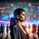 Marketer betrachtet entschlossen ein großes Daten-Dashboard mit farbigen Diagrammen und Heatmaps im modernen Büro, während im Hintergrund abstrahierte Teammitglieder zu sehen sind; umgeben von digitalen Icons und DSGVO-Infografiken.