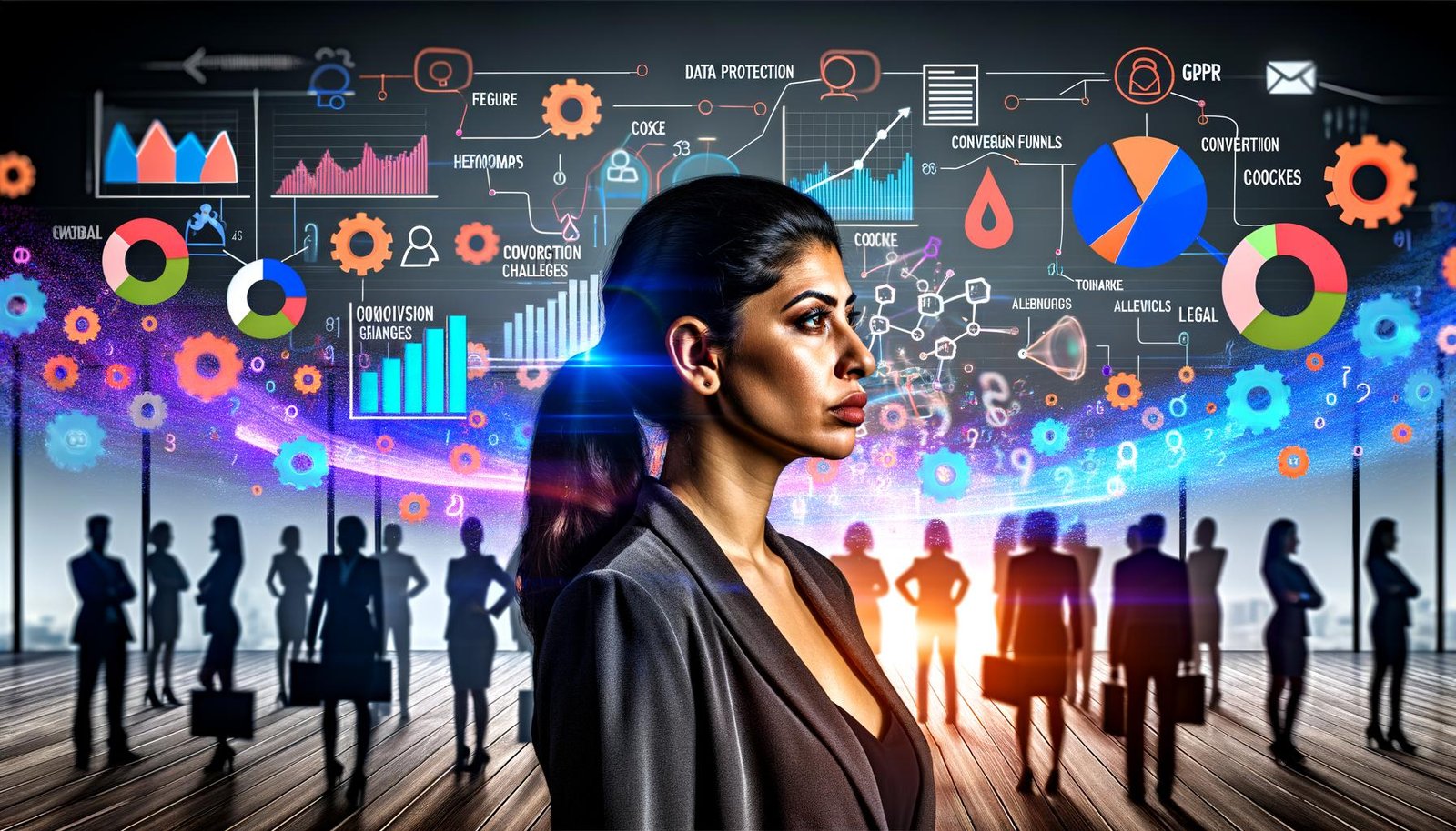 Marketer betrachtet entschlossen ein großes Daten-Dashboard mit farbigen Diagrammen und Heatmaps im modernen Büro, während im Hintergrund abstrahierte Teammitglieder zu sehen sind; umgeben von digitalen Icons und DSGVO-Infografiken.