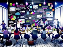 Kreatives Team im modernen Großraumbüro brainstormt an digitaler Tafel mit Post-its, Datencharts und Laptops für eine datengetriebene PR-Kampagne.