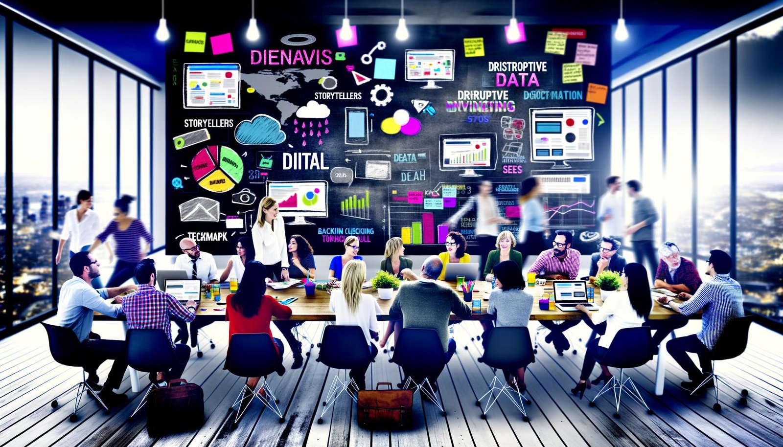 Kreatives Team im modernen Großraumbüro brainstormt an digitaler Tafel mit Post-its, Datencharts und Laptops für eine datengetriebene PR-Kampagne.