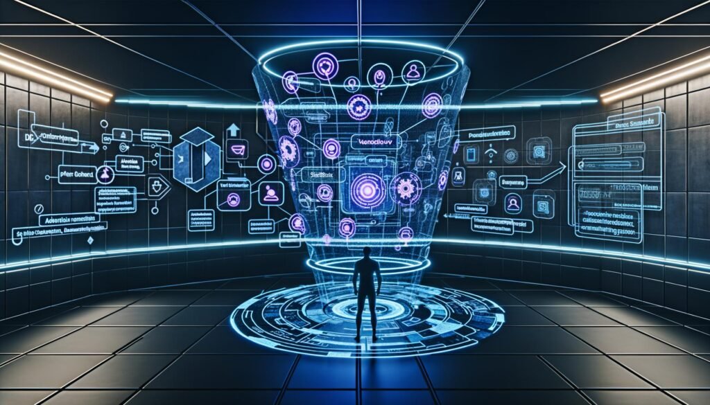 Futuristischer Kontrollraum mit modernen Voiceflow-Blueprints, dynamischen Werbeelementen, Marketer vor großer Blueprint-Tafel und Sprachassistenten im Hintergrund.