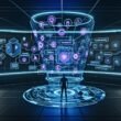 Futuristischer Kontrollraum mit modernen Voiceflow-Blueprints, dynamischen Werbeelementen, Marketer vor großer Blueprint-Tafel und Sprachassistenten im Hintergrund.