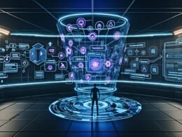Futuristischer Kontrollraum mit modernen Voiceflow-Blueprints, dynamischen Werbeelementen, Marketer vor großer Blueprint-Tafel und Sprachassistenten im Hintergrund.
