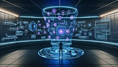 Futuristischer Kontrollraum mit modernen Voiceflow-Blueprints, dynamischen Werbeelementen, Marketer vor großer Blueprint-Tafel und Sprachassistenten im Hintergrund.