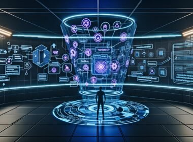 Futuristischer Kontrollraum mit modernen Voiceflow-Blueprints, dynamischen Werbeelementen, Marketer vor großer Blueprint-Tafel und Sprachassistenten im Hintergrund.