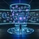 Futuristischer Kontrollraum mit modernen Voiceflow-Blueprints, dynamischen Werbeelementen, Marketer vor großer Blueprint-Tafel und Sprachassistenten im Hintergrund.
