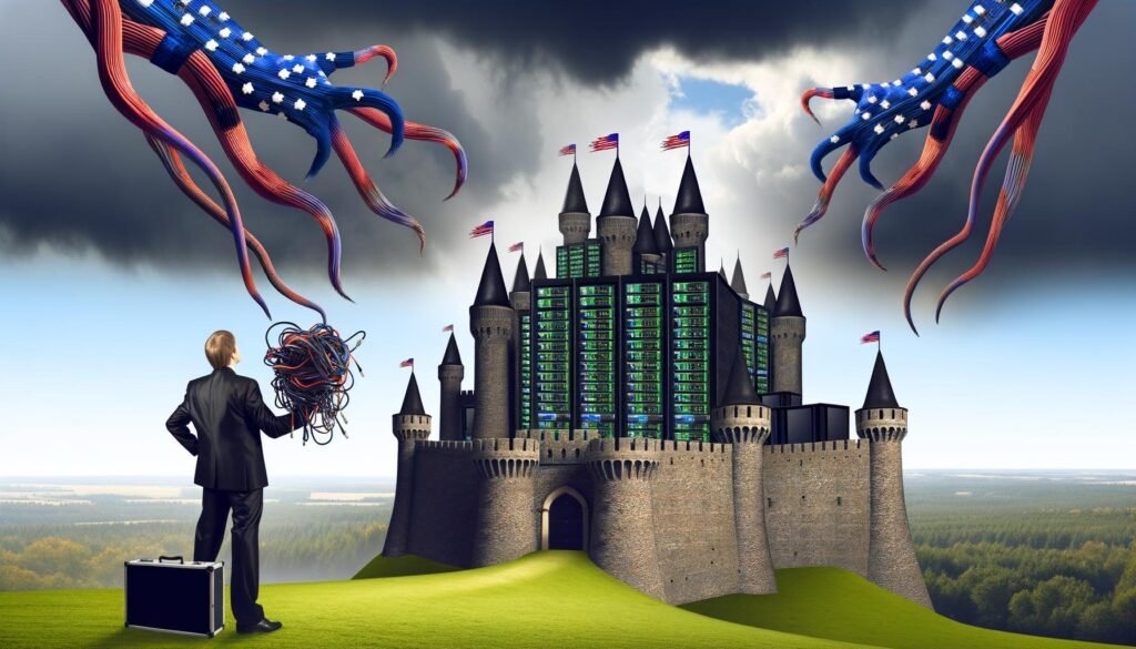 Illustration einer digitalen Burg aus Servertechnik auf einem Hügel, von US- und China-Händen bedroht, Geschäftsmann mit Kabelbündel im Vordergrund