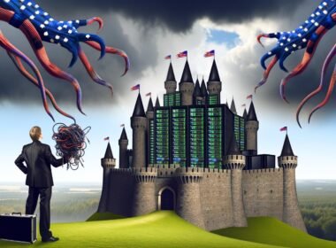 Illustration einer digitalen Burg aus Servertechnik auf einem Hügel, von US- und China-Händen bedroht, Geschäftsmann mit Kabelbündel im Vordergrund