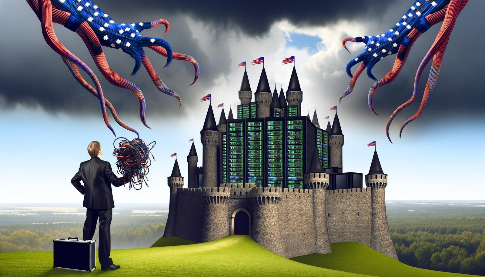 Illustration einer digitalen Burg aus Servertechnik auf einem Hügel, von US- und China-Händen bedroht, Geschäftsmann mit Kabelbündel im Vordergrund