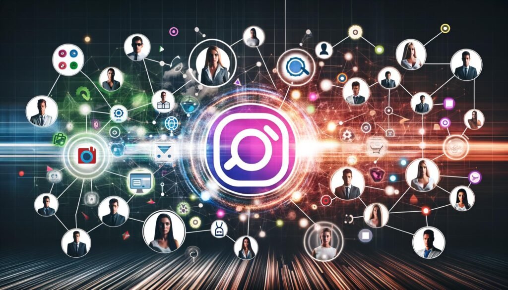 Futuristische Collage mit leuchtendem Markenlogo, digitalen Netzwerken, modernen Menschen, SEO-Icons und pulsierenden Datenströmen vor abstraktem Social-Media-Hintergrund.
