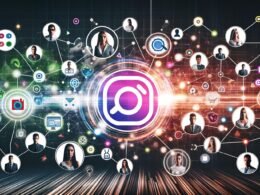 Futuristische Collage mit leuchtendem Markenlogo, digitalen Netzwerken, modernen Menschen, SEO-Icons und pulsierenden Datenströmen vor abstraktem Social-Media-Hintergrund.