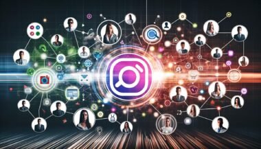 Futuristische Collage mit leuchtendem Markenlogo, digitalen Netzwerken, modernen Menschen, SEO-Icons und pulsierenden Datenströmen vor abstraktem Social-Media-Hintergrund.