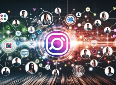 Futuristische Collage mit leuchtendem Markenlogo, digitalen Netzwerken, modernen Menschen, SEO-Icons und pulsierenden Datenströmen vor abstraktem Social-Media-Hintergrund.