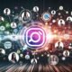 Futuristische Collage mit leuchtendem Markenlogo, digitalen Netzwerken, modernen Menschen, SEO-Icons und pulsierenden Datenströmen vor abstraktem Social-Media-Hintergrund.