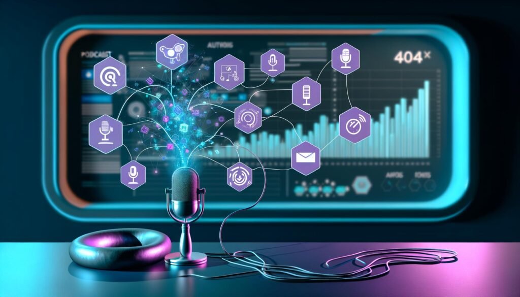 Futuristischer Arbeitsplatz mit dynamischer Mindmap, Podcast-Mikrofon, Voiceflow-Visualisierungen, API-Anbindung, CRM, Automatisierungstools und Analytics-Grafiken vor stilisiertem Monitor.