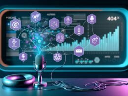 Futuristischer Arbeitsplatz mit dynamischer Mindmap, Podcast-Mikrofon, Voiceflow-Visualisierungen, API-Anbindung, CRM, Automatisierungstools und Analytics-Grafiken vor stilisiertem Monitor.