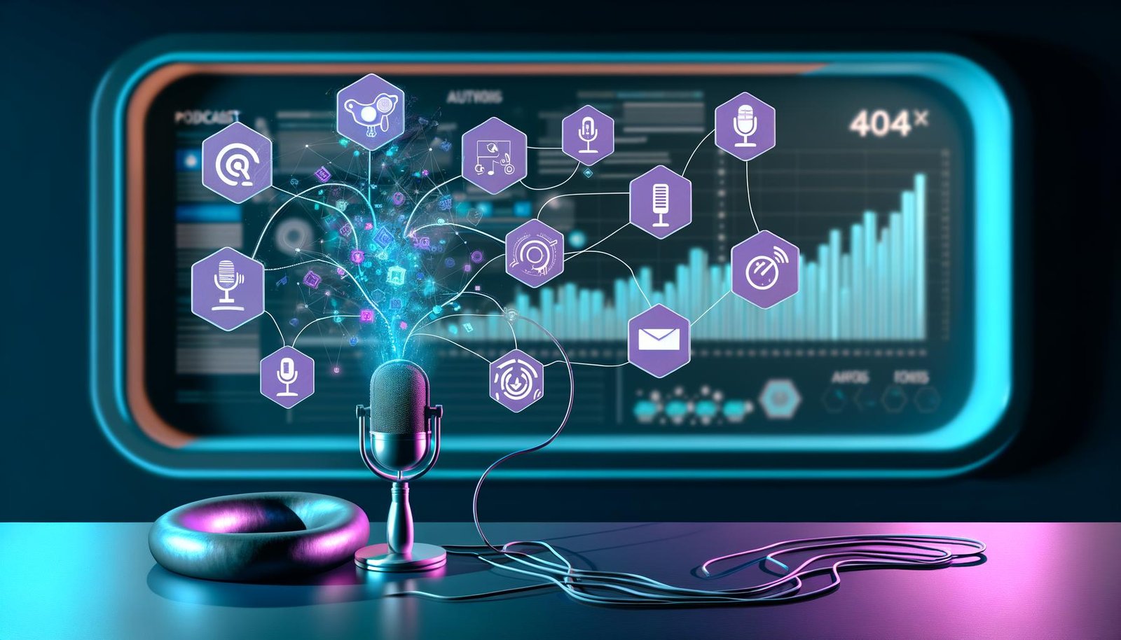 Futuristischer Arbeitsplatz mit dynamischer Mindmap, Podcast-Mikrofon, Voiceflow-Visualisierungen, API-Anbindung, CRM, Automatisierungstools und Analytics-Grafiken vor stilisiertem Monitor.