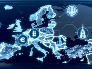 Futuristische digitale Illustration einer starken, vernetzten Europa-Karte mit Wahrzeichen und verblassenden Einflüssen von USA und China