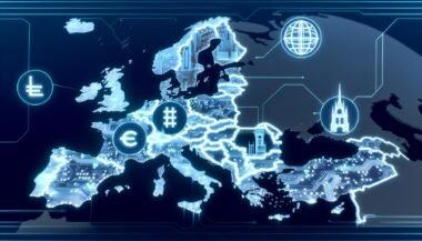 Futuristische digitale Illustration einer starken, vernetzten Europa-Karte mit Wahrzeichen und verblassenden Einflüssen von USA und China