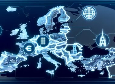 Futuristische digitale Illustration einer starken, vernetzten Europa-Karte mit Wahrzeichen und verblassenden Einflüssen von USA und China