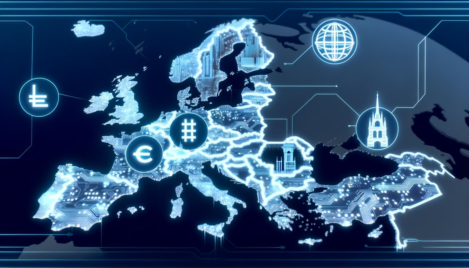 Futuristische digitale Illustration einer starken, vernetzten Europa-Karte mit Wahrzeichen und verblassenden Einflüssen von USA und China