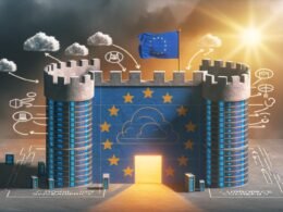 Metaphorische Illustration: Europa als digitale Festung, gebaut aus Server-Racks, Cloud-Symbolen und Open-Source-Logos, unter der europäischen Flagge bei Sonnenaufgang, gesichert gegen amerikanische und asiatische Tech-Konzerne.