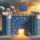Metaphorische Illustration: Europa als digitale Festung, gebaut aus Server-Racks, Cloud-Symbolen und Open-Source-Logos, unter der europäischen Flagge bei Sonnenaufgang, gesichert gegen amerikanische und asiatische Tech-Konzerne.