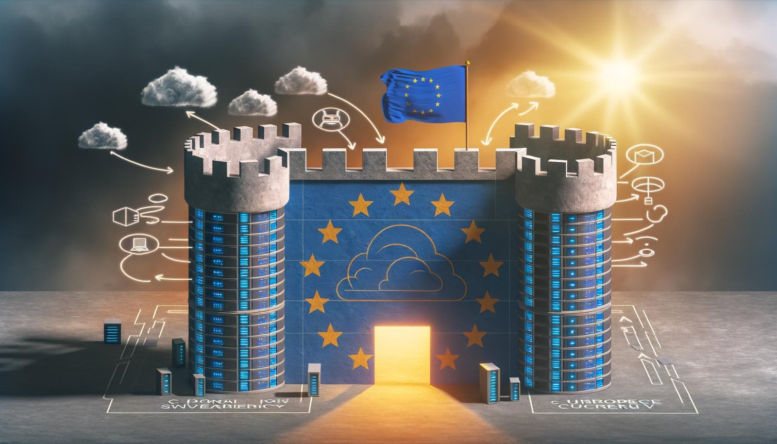 Metaphorische Illustration: Europa als digitale Festung, gebaut aus Server-Racks, Cloud-Symbolen und Open-Source-Logos, unter der europäischen Flagge bei Sonnenaufgang, gesichert gegen amerikanische und asiatische Tech-Konzerne.