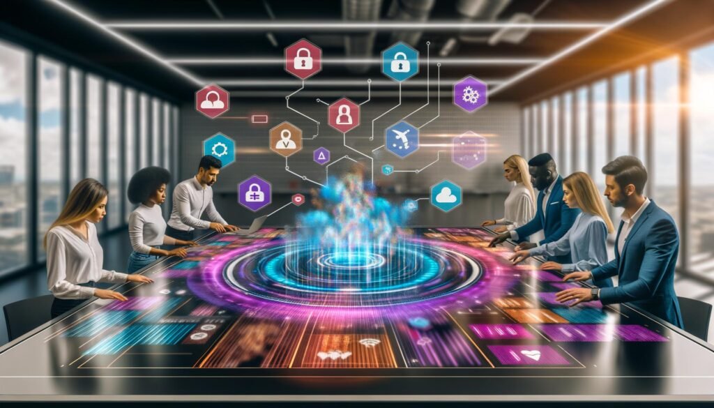 Modernes futuristisches Büro mit Marketing-Team, das an großem digitalen Tisch arbeitet. Hologramme, bunte Datenströme, Echtzeit-KI-Analysen, DSGVO-Symbole und Cloud-Infrastruktur für maximale Datensicherheit.
