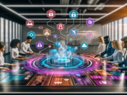 Modernes futuristisches Büro mit Marketing-Team, das an großem digitalen Tisch arbeitet. Hologramme, bunte Datenströme, Echtzeit-KI-Analysen, DSGVO-Symbole und Cloud-Infrastruktur für maximale Datensicherheit.