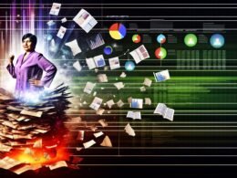 Illustration eines Marketingspezialisten auf einem Datenberg mit Tabellen, Code, Charts und Datenbank-Icons. Im Hintergrund zerbrechen Mythen und ein strahlendes Dashboard entsteht.