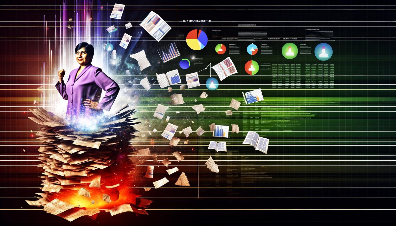 Illustration eines Marketingspezialisten auf einem Datenberg mit Tabellen, Code, Charts und Datenbank-Icons. Im Hintergrund zerbrechen Mythen und ein strahlendes Dashboard entsteht.