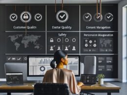 Fokussierter Online-Marketing-Experte vor mehreren Bildschirmen mit Daten-Dashboards in modernem Büro, im Hintergrund große Checkliste zu DSGVO, Personalisierung und Trends 2025.