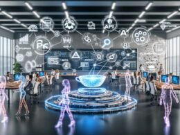 Dynamische Szene in modernem Büro mit futuristischem Arbeitsplatz, großen Monitoren, digital vernetzten Tools und kreativ zusammenarbeitenden Fachkräften.