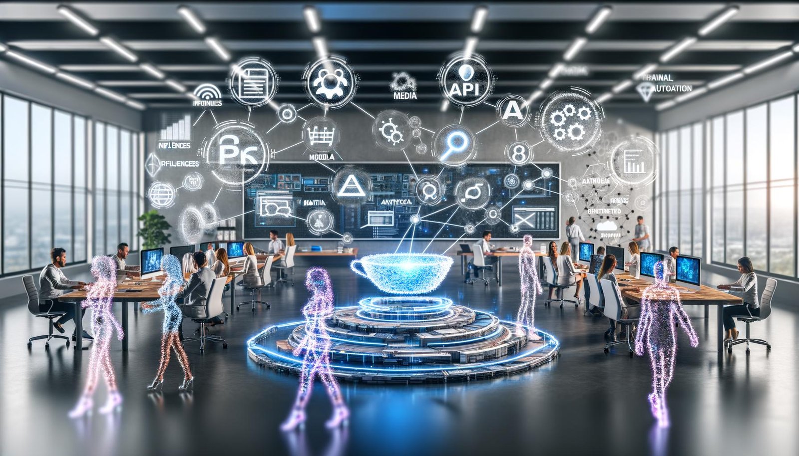 Dynamische Szene in modernem Büro mit futuristischem Arbeitsplatz, großen Monitoren, digital vernetzten Tools und kreativ zusammenarbeitenden Fachkräften.