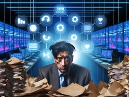 Gestresster Marketing-Mitarbeiter im Chaos: Umringt von Papier, Kundendaten-Ordnern und disconnected digitalen Symbolen, während Daten-Silos und fragmentierte Systeme die Arbeit erschweren.