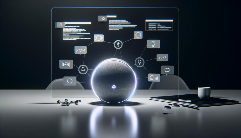 Modernes Smart Speaker-Workspace mit schwebenden UX-Flussdiagrammen, API-Linien und digitalen Analyse-Tools im Hintergrund, das die anspruchsvolle Marketingrealität von Sprachassistenten zeigt.