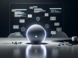 Modernes Smart Speaker-Workspace mit schwebenden UX-Flussdiagrammen, API-Linien und digitalen Analyse-Tools im Hintergrund, das die anspruchsvolle Marketingrealität von Sprachassistenten zeigt.