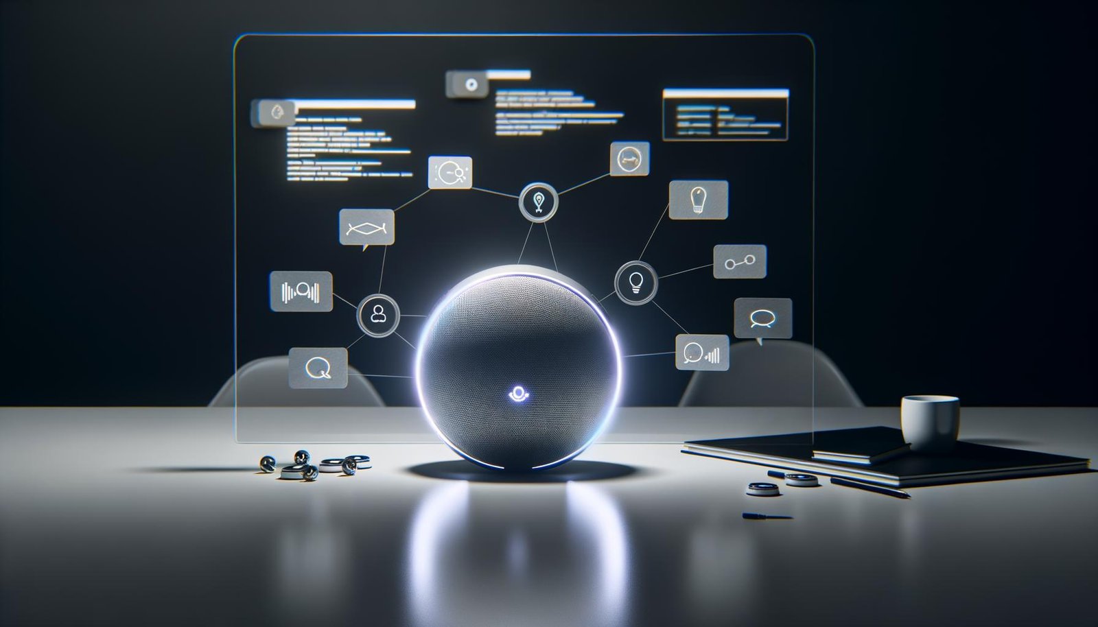 Modernes Smart Speaker-Workspace mit schwebenden UX-Flussdiagrammen, API-Linien und digitalen Analyse-Tools im Hintergrund, das die anspruchsvolle Marketingrealität von Sprachassistenten zeigt.