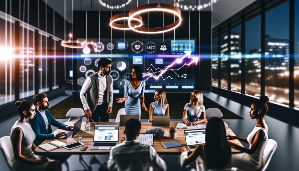 Dynamisches PR-Team analysiert aktuelle Daten, Diagramme und Keyword-Rankings vor großen Bildschirmen im modernen Büro.